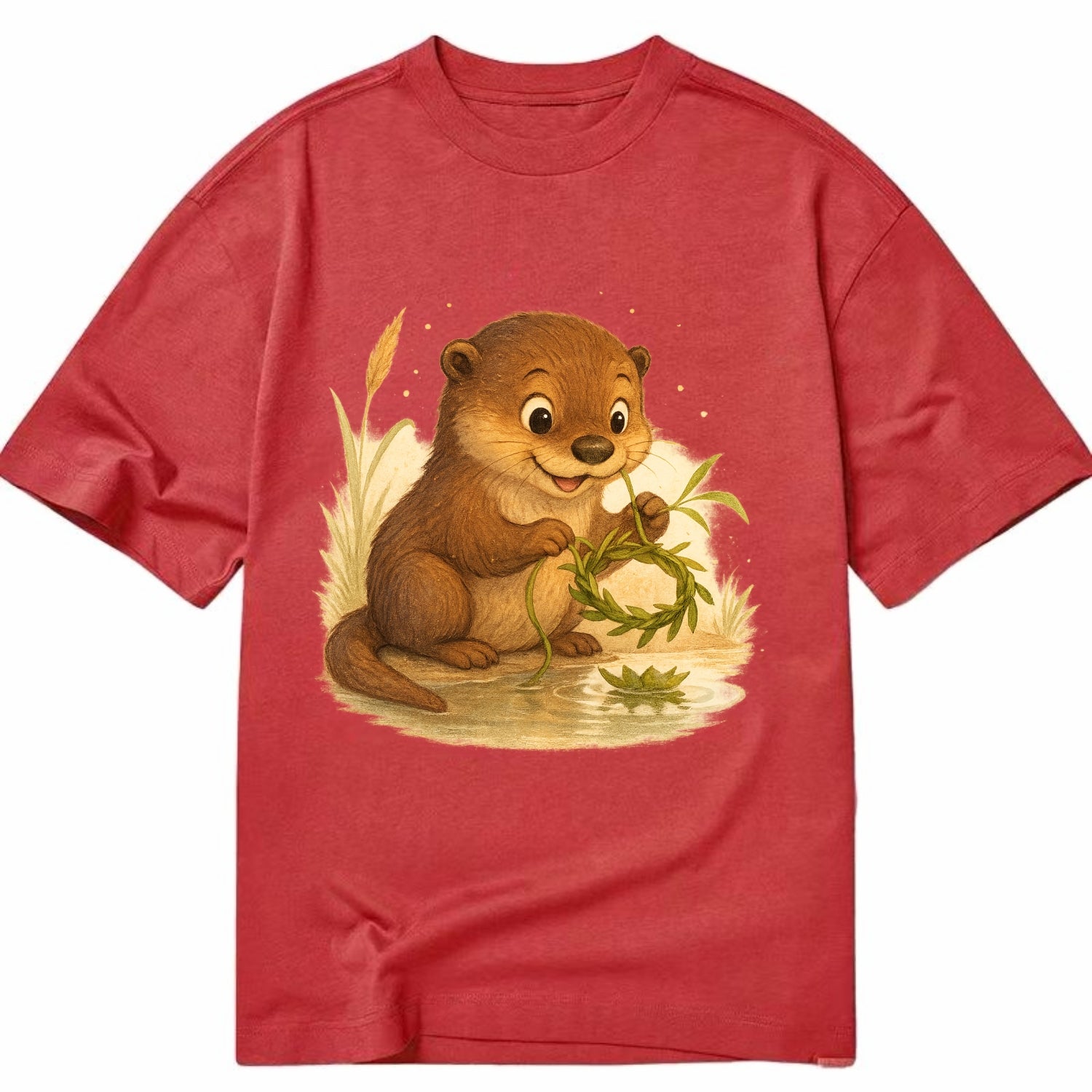 Otter weaving river reeds into a floating crown beside mirror-still water - Classic T-shirt - Red