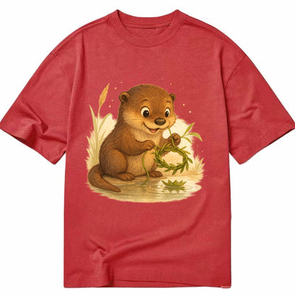 Otter weaving river reeds into a floating crown beside mirror-still water - Classic T-shirt - Red