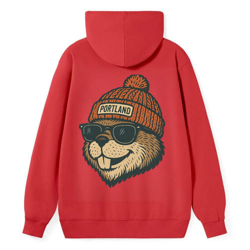 Oregon Beaver wearing Portland beanie with pom pom and wayfarer sunglasses - Classic Pullover Hoodie