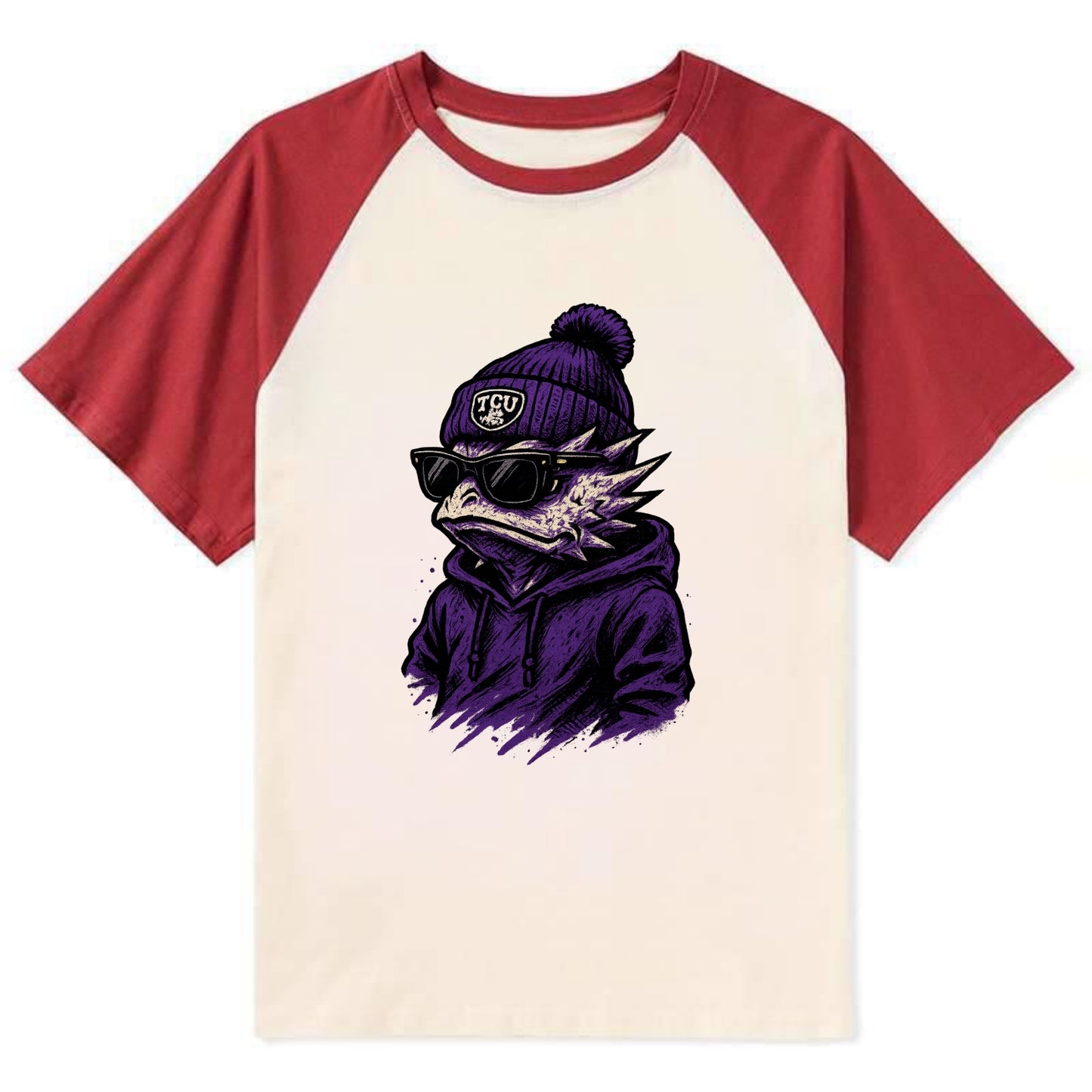 Fort Worth Horned Frog wearing TCU beanie with frog patch - Contrast Raglan T-shirt - Red