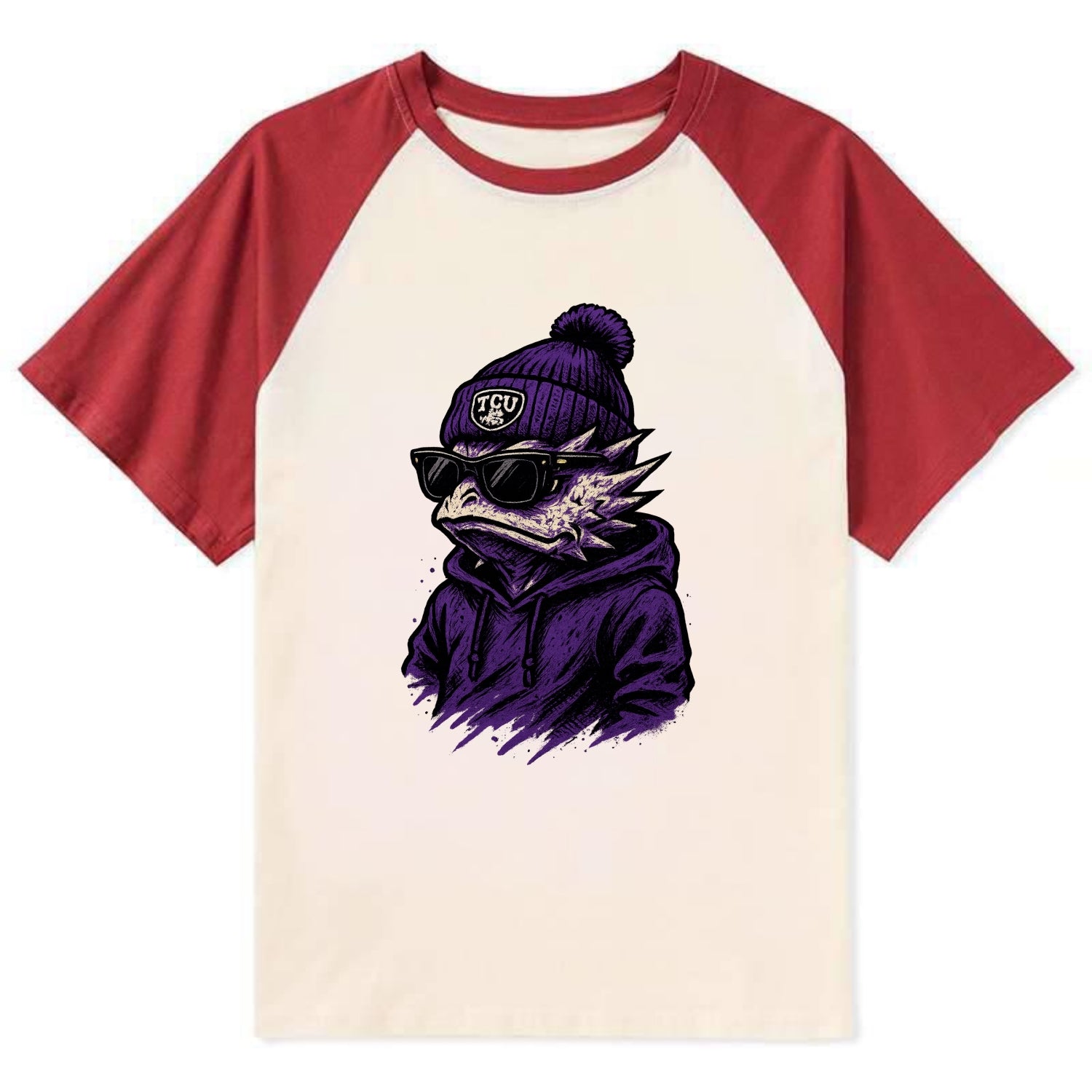 Fort Worth Horned Frog wearing TCU beanie with frog patch - Contrast Raglan T-shirt - Red