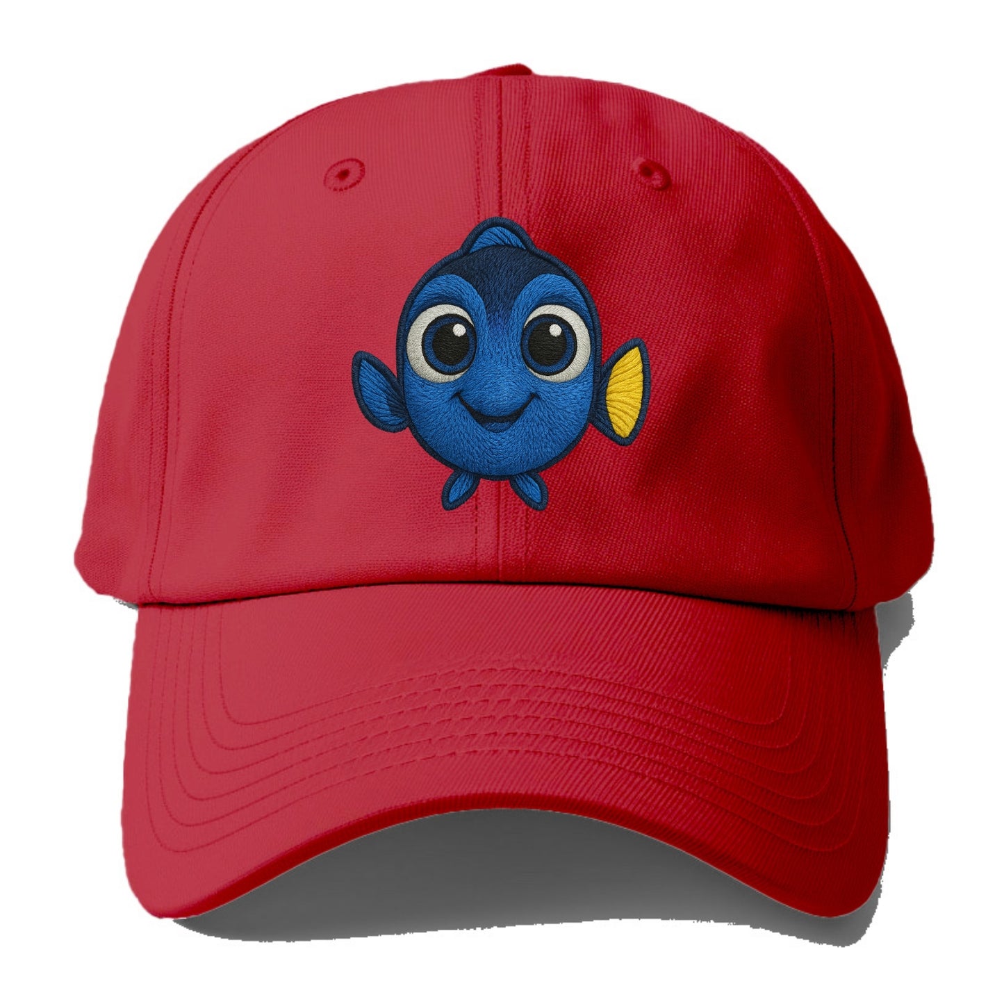 Baby Blue Tang - bright blue with yellow tail, big eyes, front-facing, Dory-style - Baseball Cap - Red