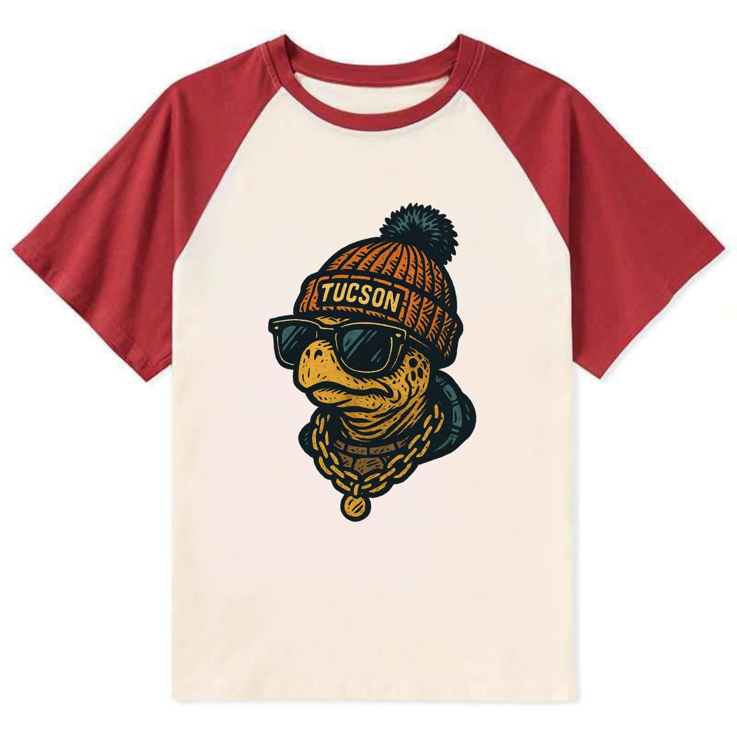 Tucson Desert Tortoise wearing Tucson beanie with pom pom and wayfarer - Contrast Raglan T-shirt - Red