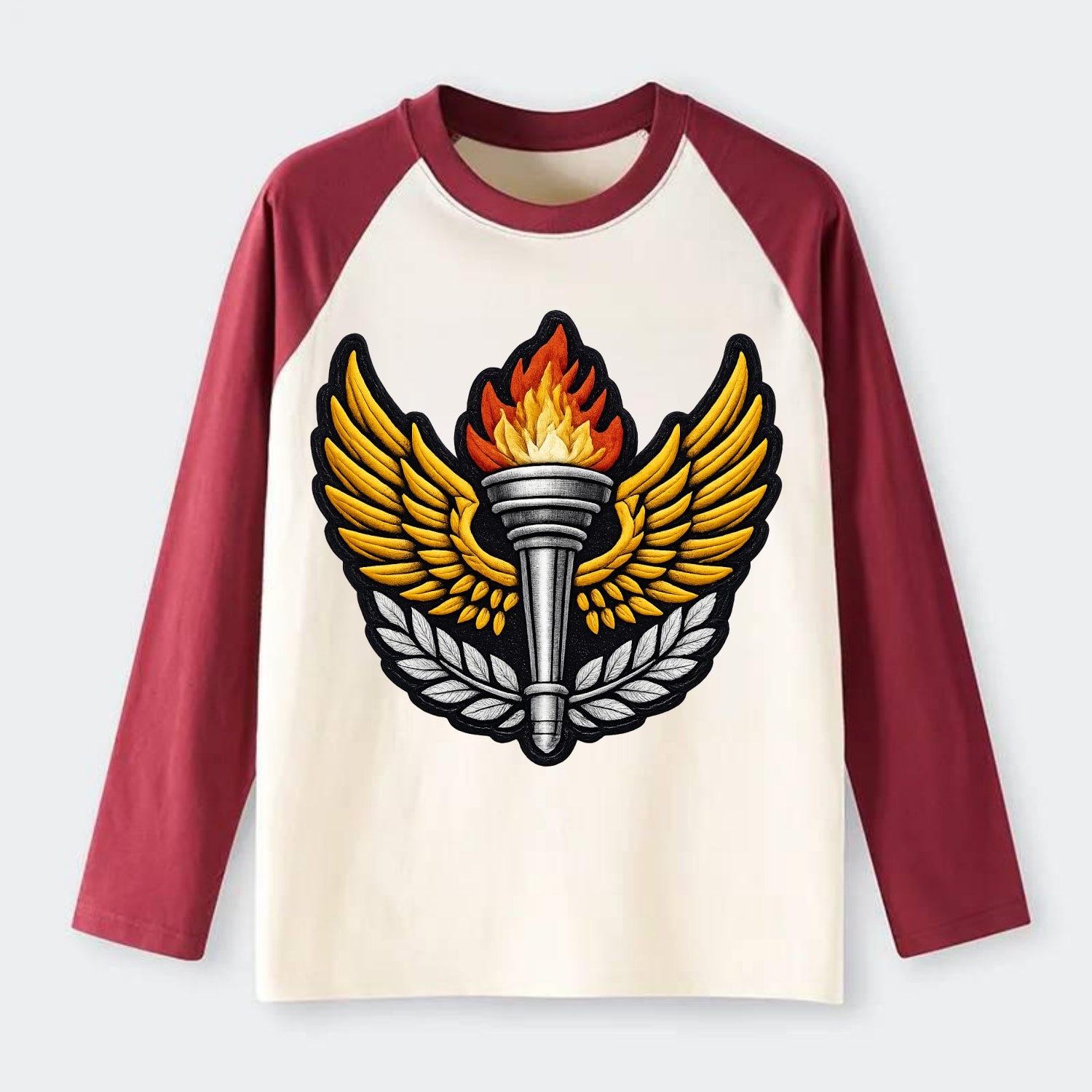 Embroidered patch design - TRACK AND FIELD TORCH - Olympic style torch - Raglan Long Sleeve T-Shirt - Red