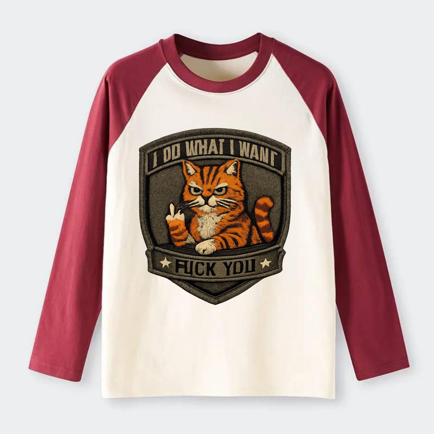 I DO WHAT I WANT CAT - sassy cat in orange , feline attitude - Raglan Long Sleeve T-Shirt - Red