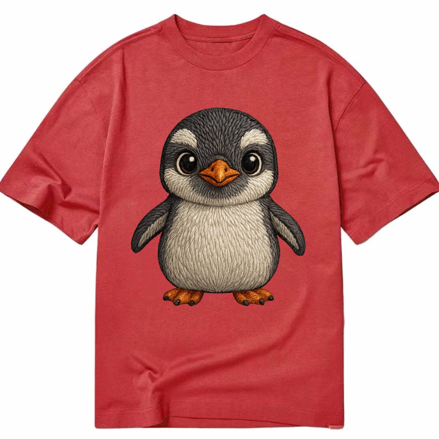 Baby Gentoo Penguin - orange beak, white cap, bright eyes, front-facing, energetic - Classic T-shirt - Red