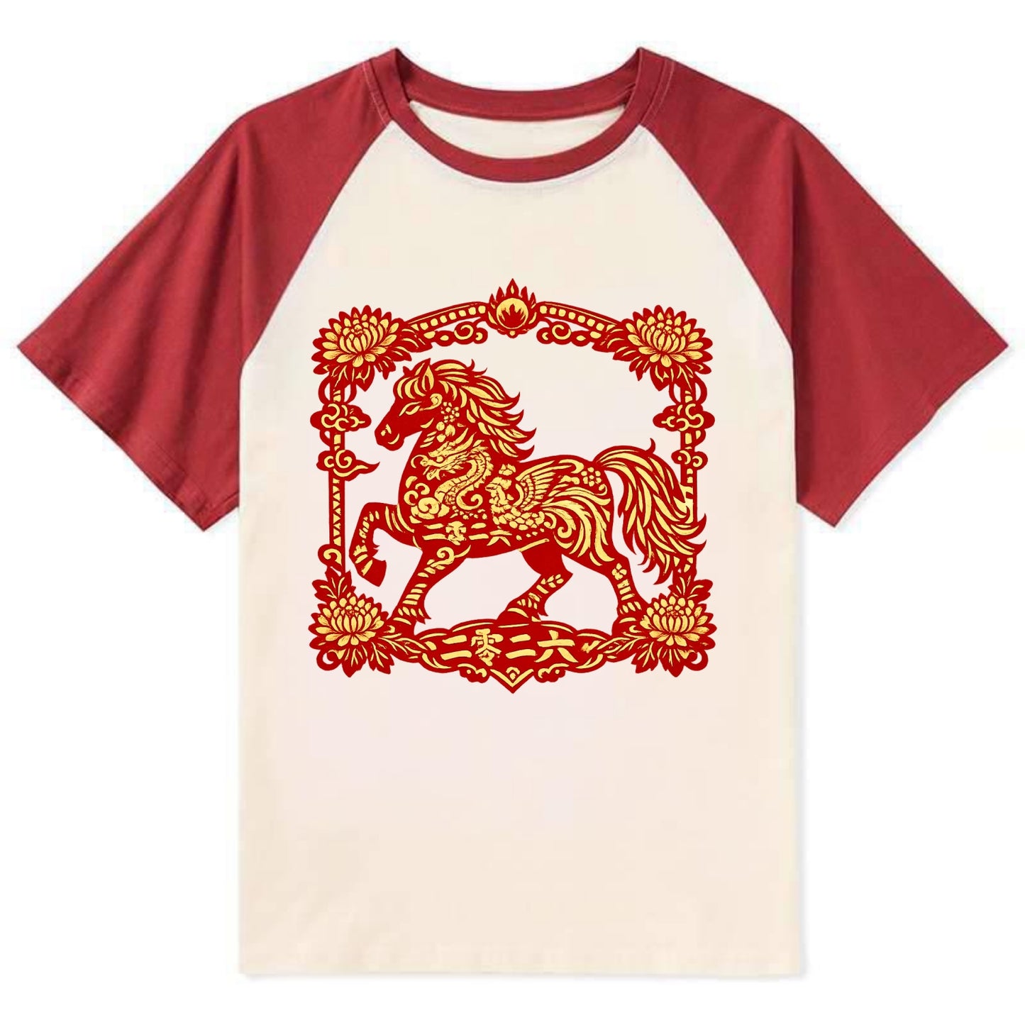 HORSE | Silk style horse design | Gold and silver thread appearance | - Contrast Raglan T-shirt - Red