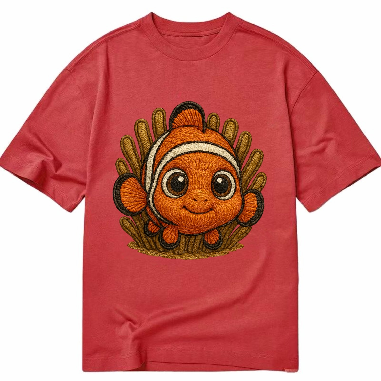Baby Clownfish - orange with white stripes, big round eyes, front-facing in - Classic T-shirt - Red