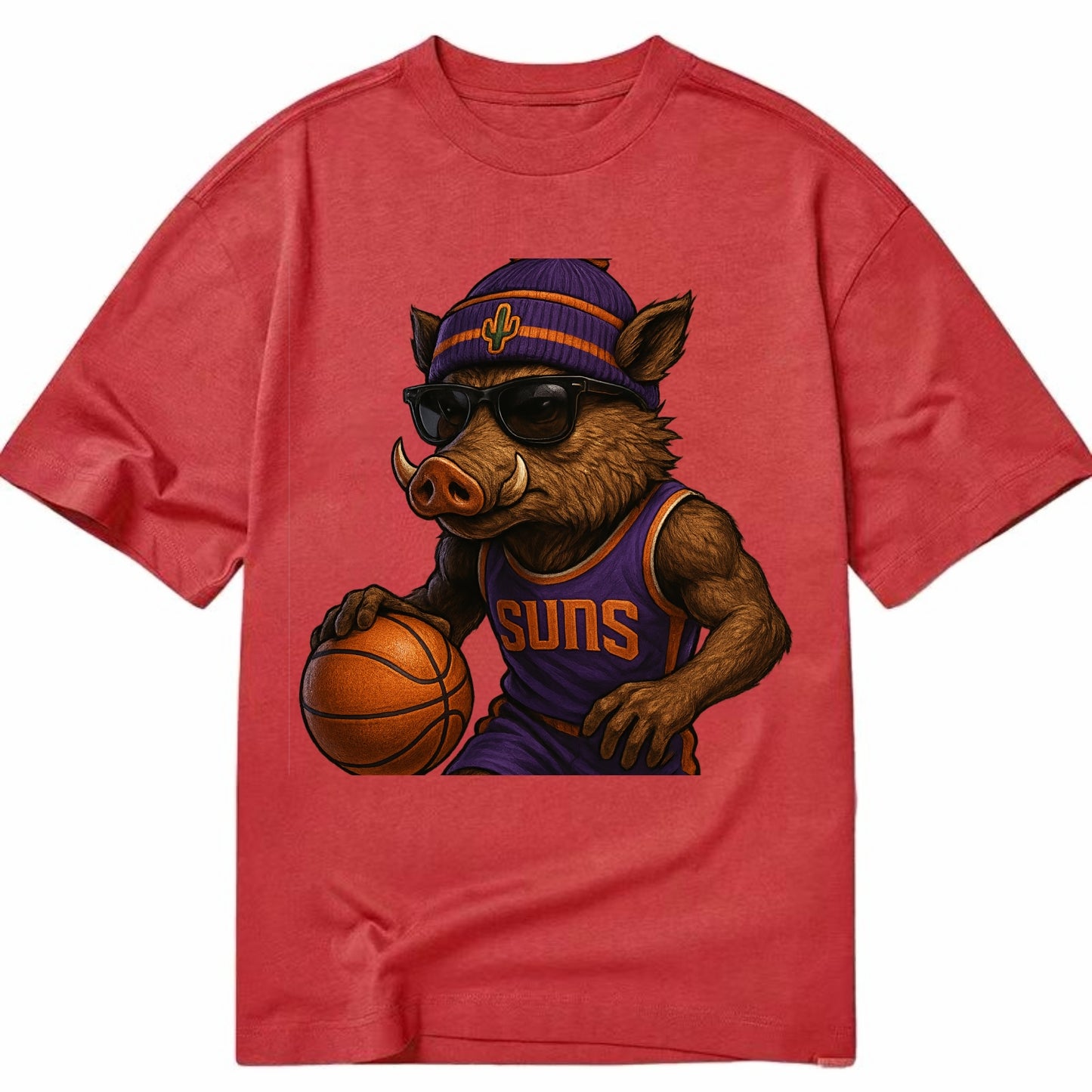 Phoenix Javelina wearing Suns beanie with cactus patch and wayfarer sunglasses - Classic T-shirt - Red