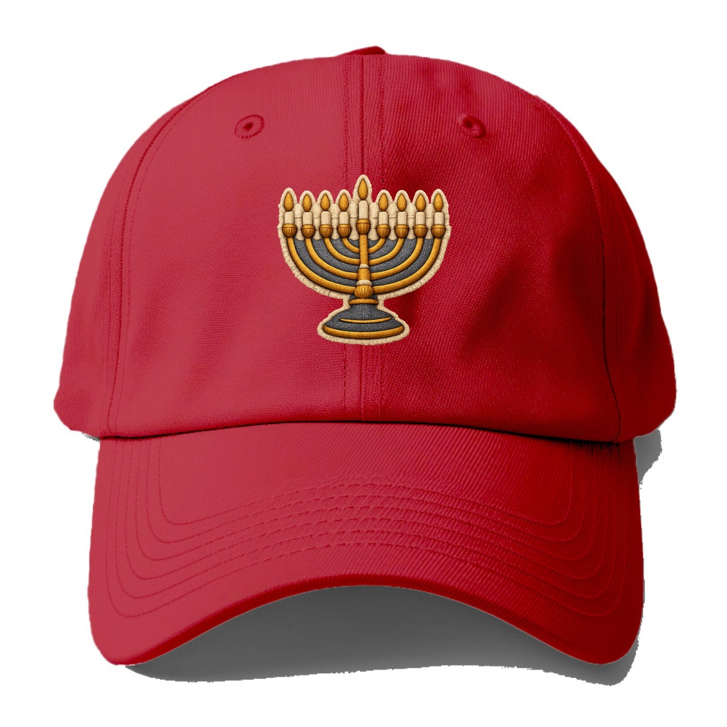 MENORAH LIGHTS - nine branch candelabra in gold and blue , Hanukkah - Baseball Cap - Red
