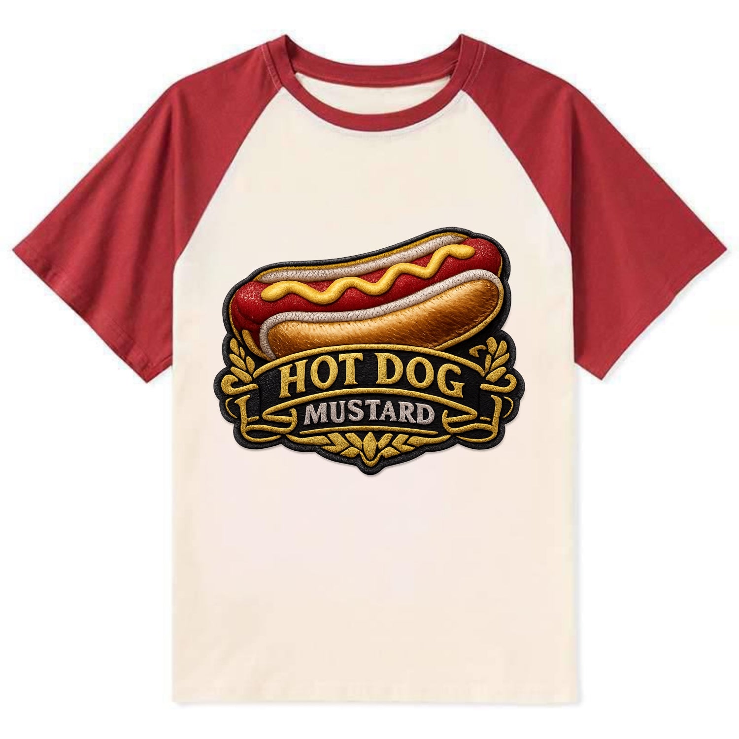 HOT DOG MUSTARD - classic hot dog in tan yellow red , ballpark food - Contrast Raglan T-shirt - Red