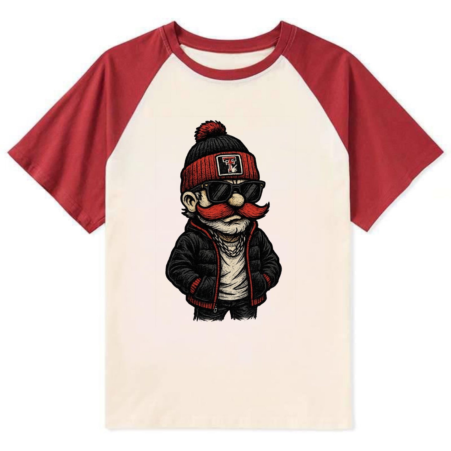 Lubbock Raider wearing Texas Tech beanie with guns up patch - Contrast Raglan T-shirt - Red
