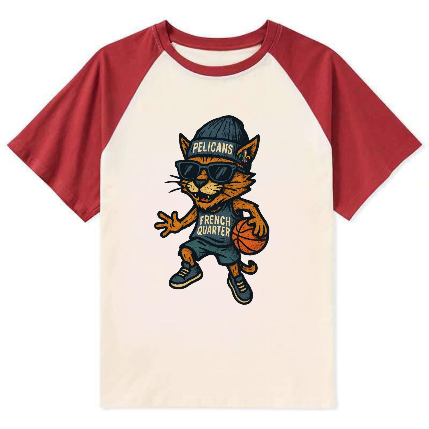French Quarter Cat wearing Pelicans beanie with Mardi Gras patch and - Contrast Raglan T-shirt - Red
