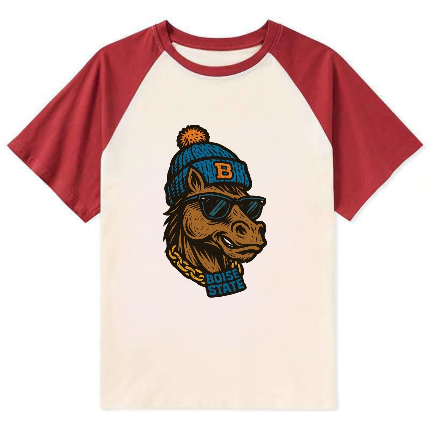 Boise Bronco wearing Boise State beanie with B patch - Contrast Raglan T-shirt - Red