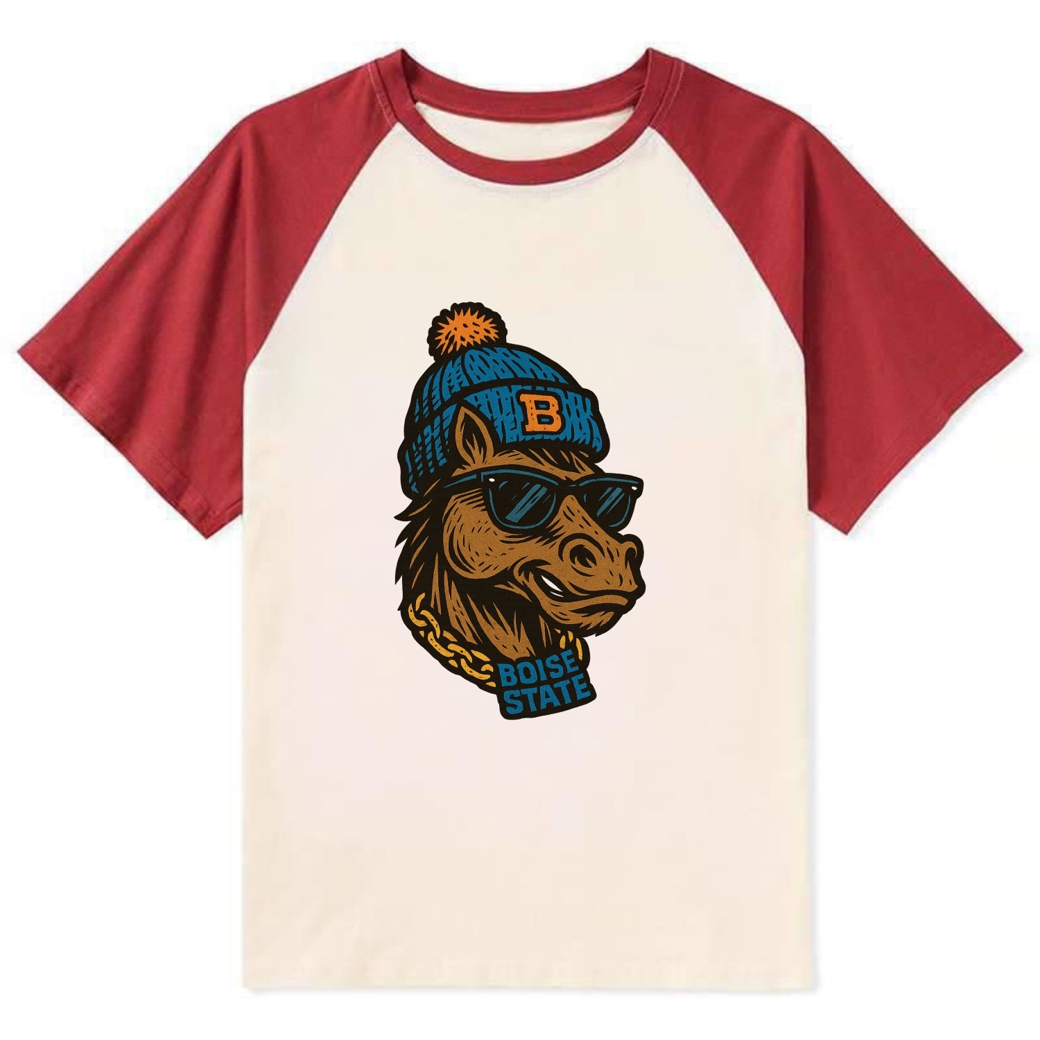 Boise Bronco wearing Boise State beanie with B patch - Contrast Raglan T-shirt - Red