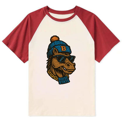 Boise Bronco wearing Boise State beanie with B patch - Contrast Raglan T-shirt - Red
