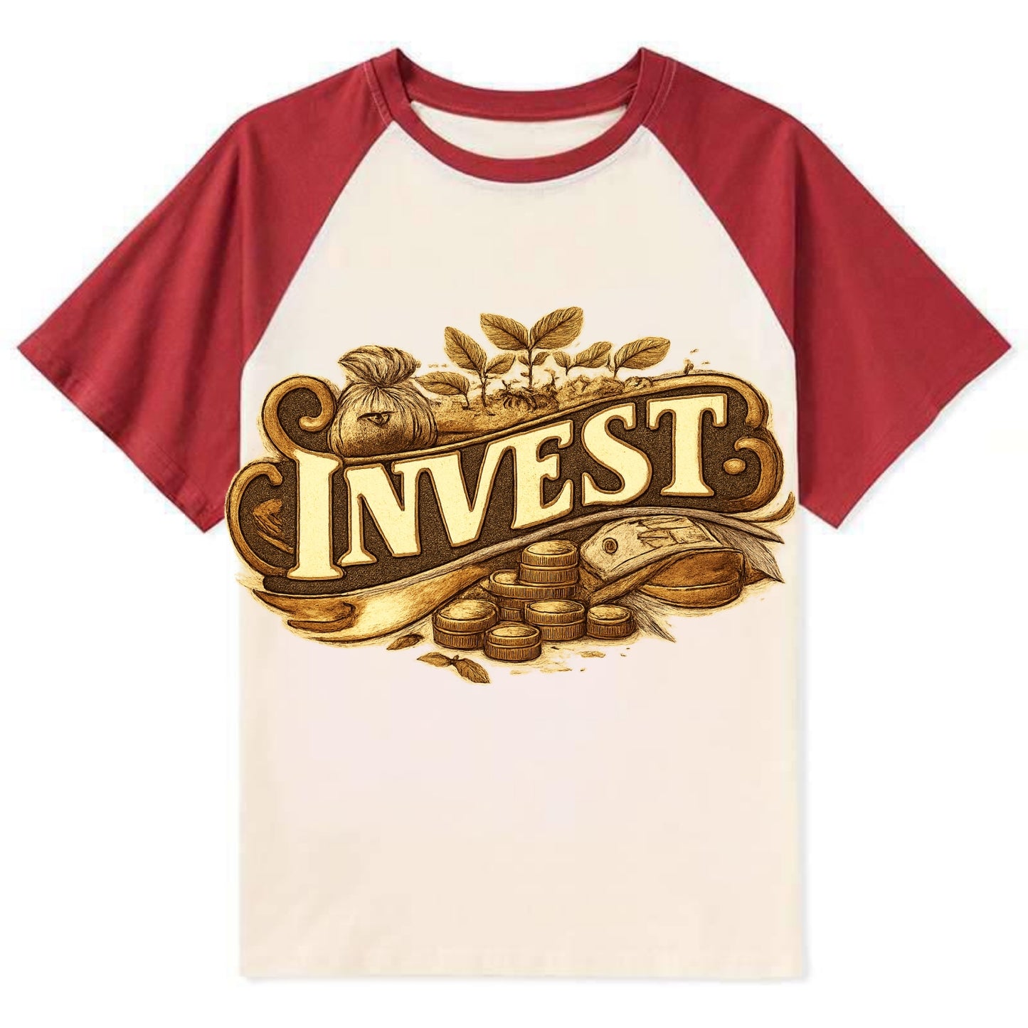 Bold typography design - "INVEST" - growing money, smart decisions - Contrast Raglan T-shirt - Red