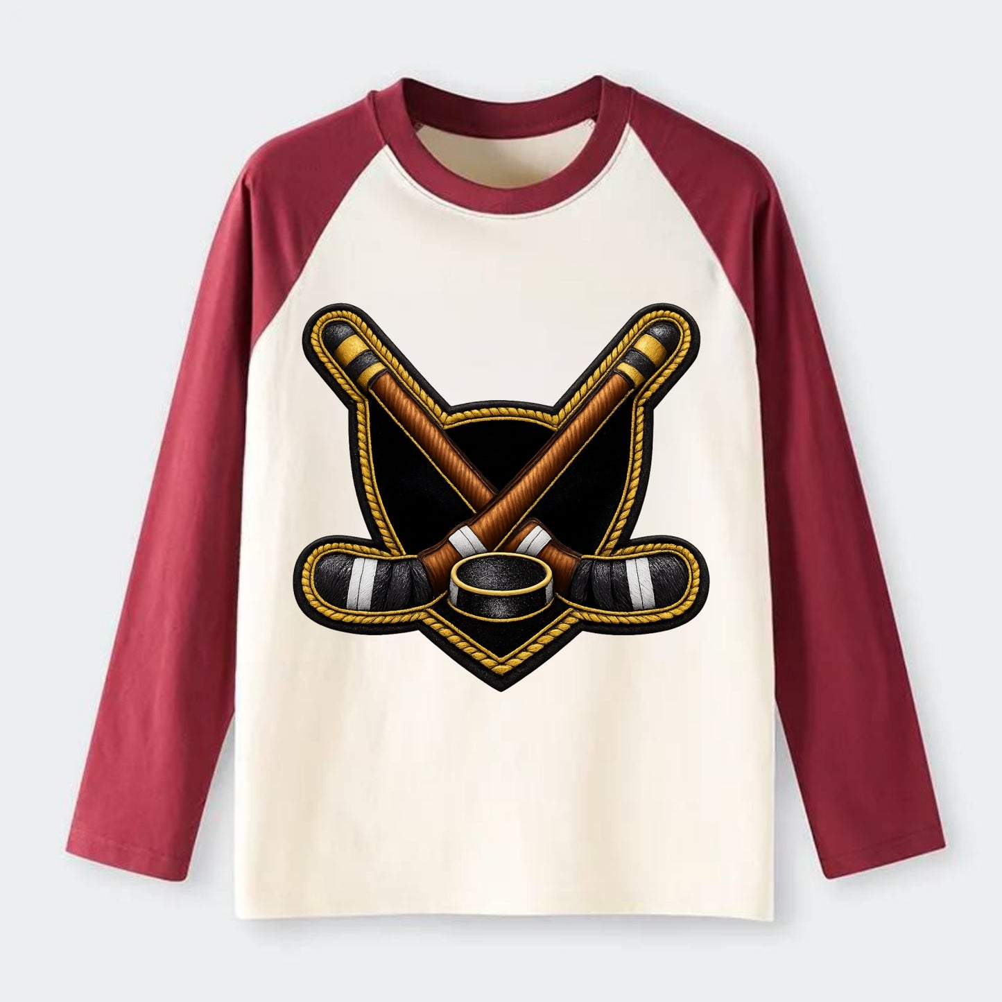 Embroidered patch design - HOCKEY CROSSED STICKS - ice hockey sticks - Raglan Long Sleeve T-Shirt - Red
