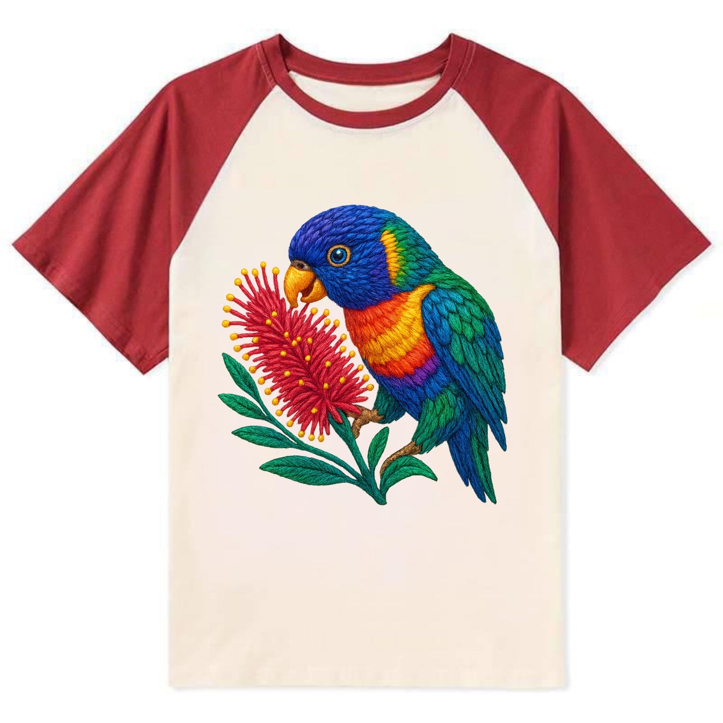 Rainbow Lorikeet Bottlebrush - Contrast Raglan T-shirt - Red