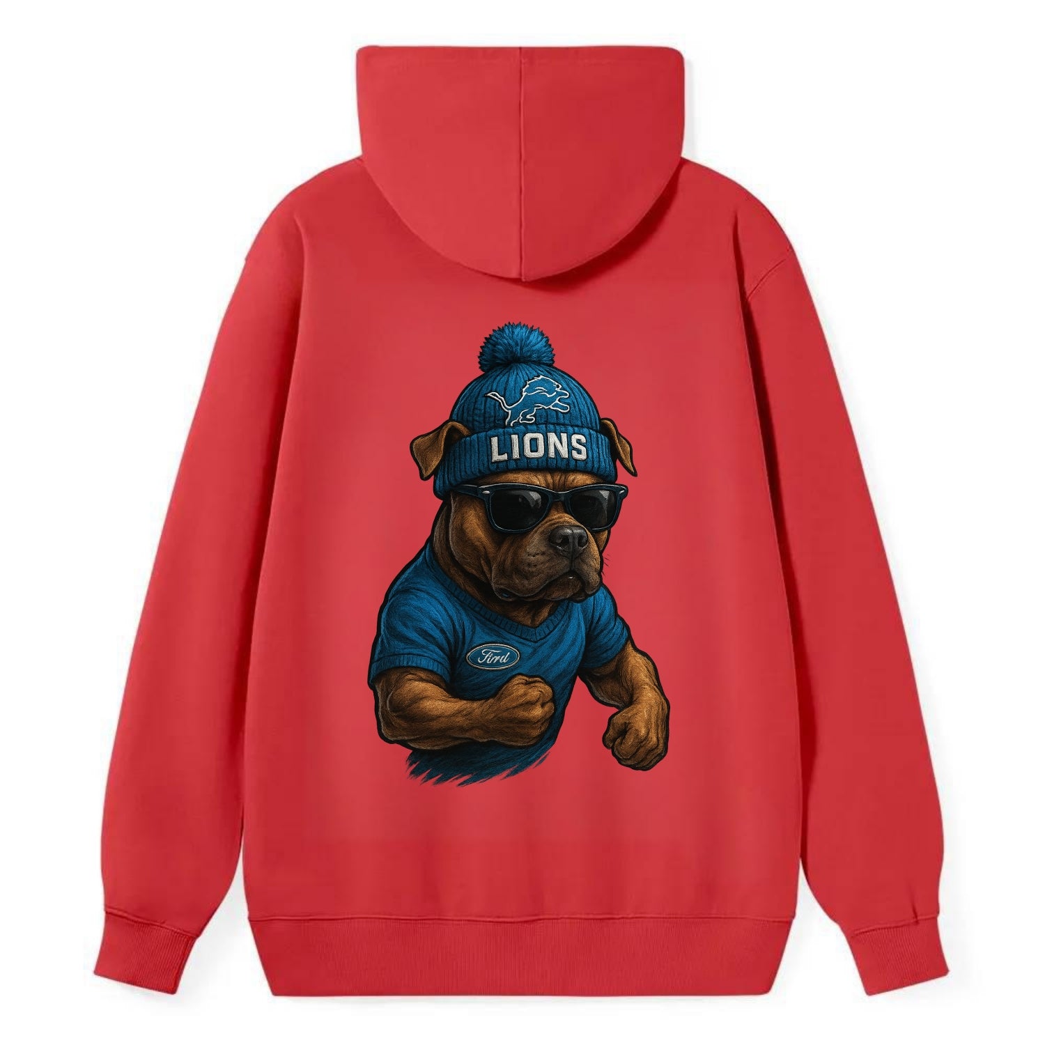 Detroit Pitbull wearing Lions beanie with auto patch and wayfarer - Classic Pullover Hoodie - Red
