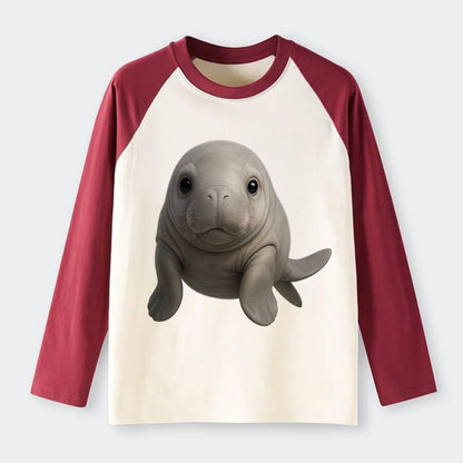 Baby Dugong - gray with paddle tail, gentle expression, whiskers, - Raglan Long Sleeve T-Shirt - Red