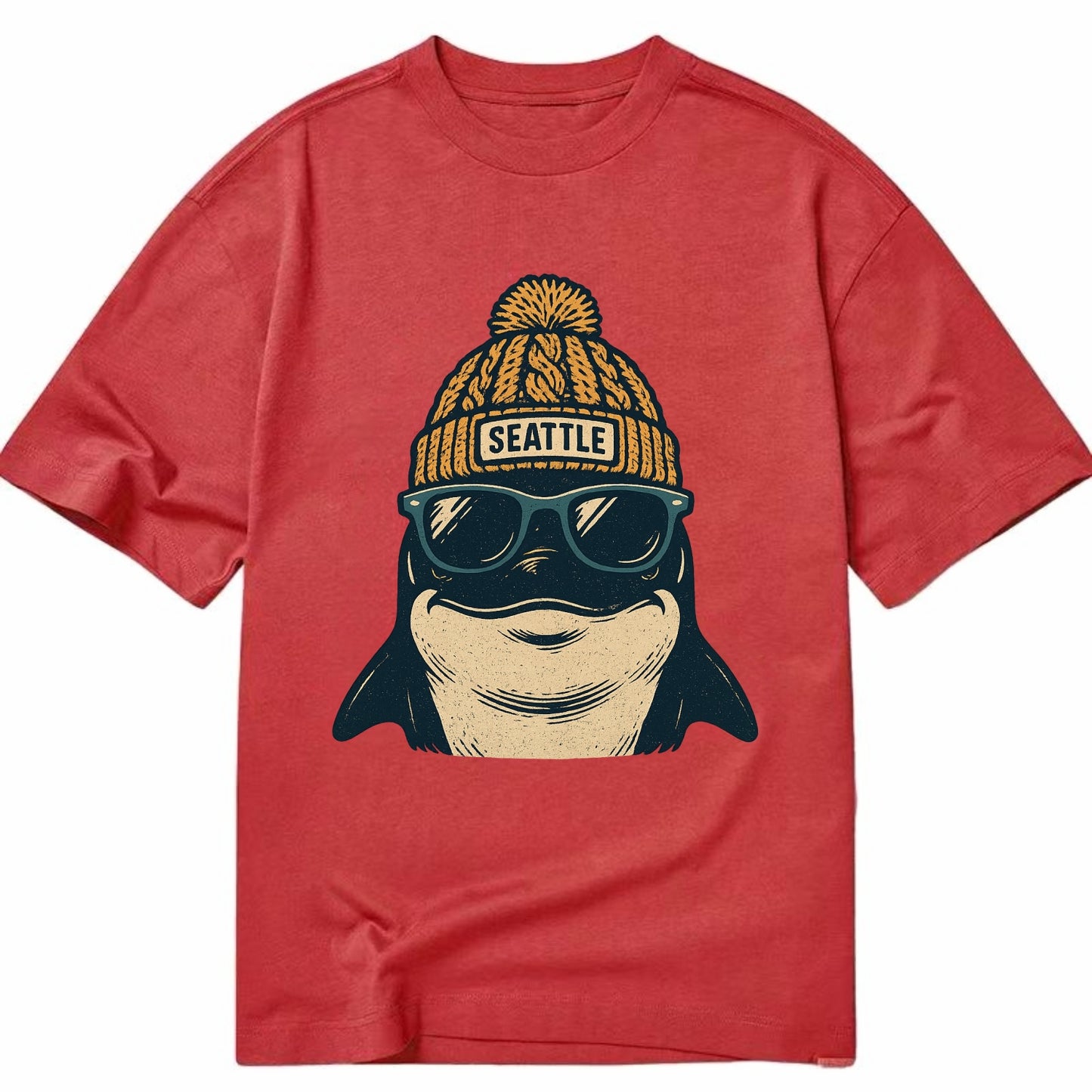 Seattle Orca wearing Seattle beanie with pom pom and wayfarer sunglasses - Classic T-shirt - Red