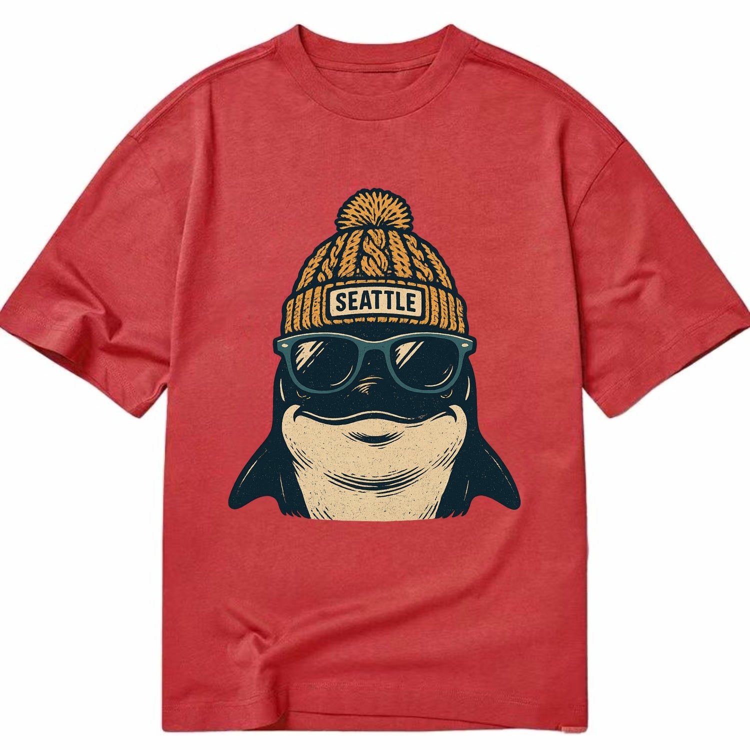 Seattle Orca wearing Seattle beanie with pom pom and wayfarer sunglasses - Classic T-shirt - Red