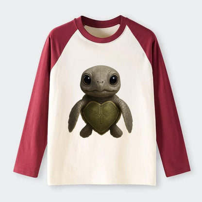 Baby Olive Ridley Turtle - olive green shell, heart-shaped carapace, - Raglan Long Sleeve T-Shirt - Red