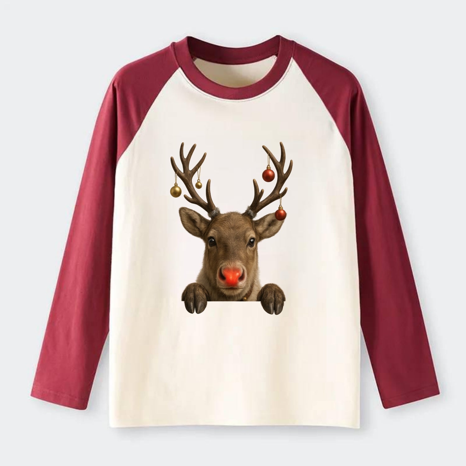 Christmas Reindeer  - Raglan Long Sleeve T-Shirt - Red