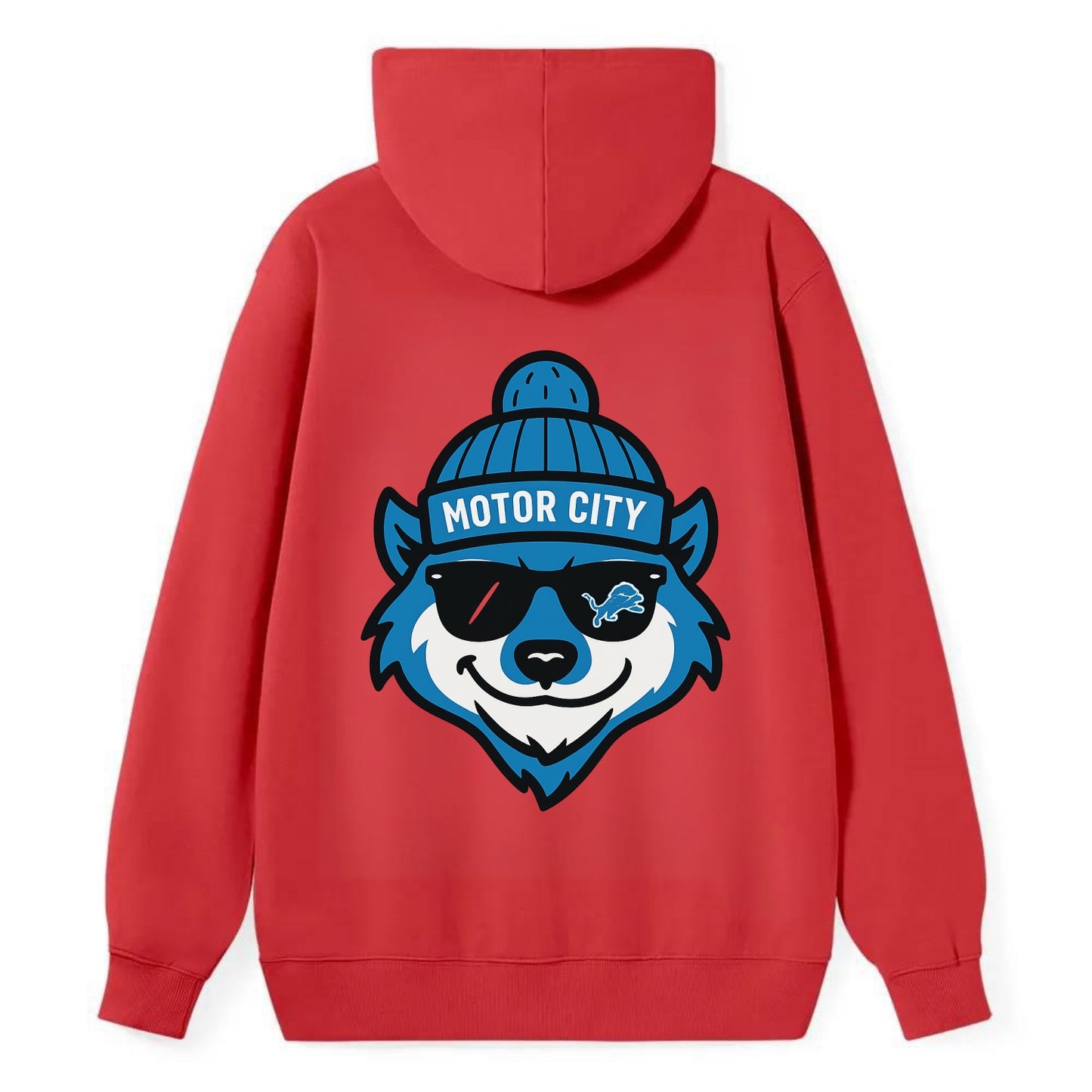 Motor City Wolverine wearing Lions beanie with gear patch and wayfarer - Classic Pullover Hoodie - Red