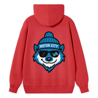 Motor City Wolverine wearing Lions beanie with gear patch and wayfarer - Classic Pullover Hoodie - Red