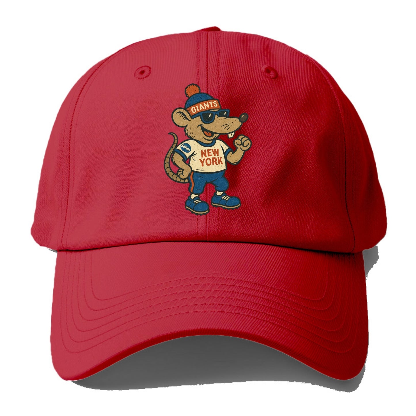 New York Rat wearing Giants beanie with subway patch and wayfarer sunglasses - Baseball Cap - Red
