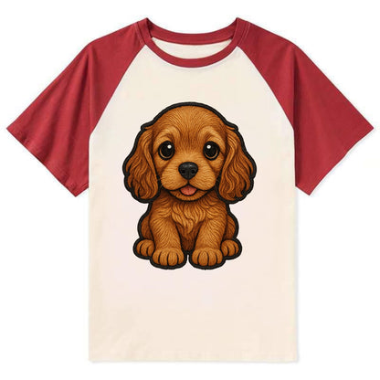 Baby Cocker Spaniel Puppy - long wavy ears, soulful eyes, silky coat, - Contrast Raglan T-shirt - Red