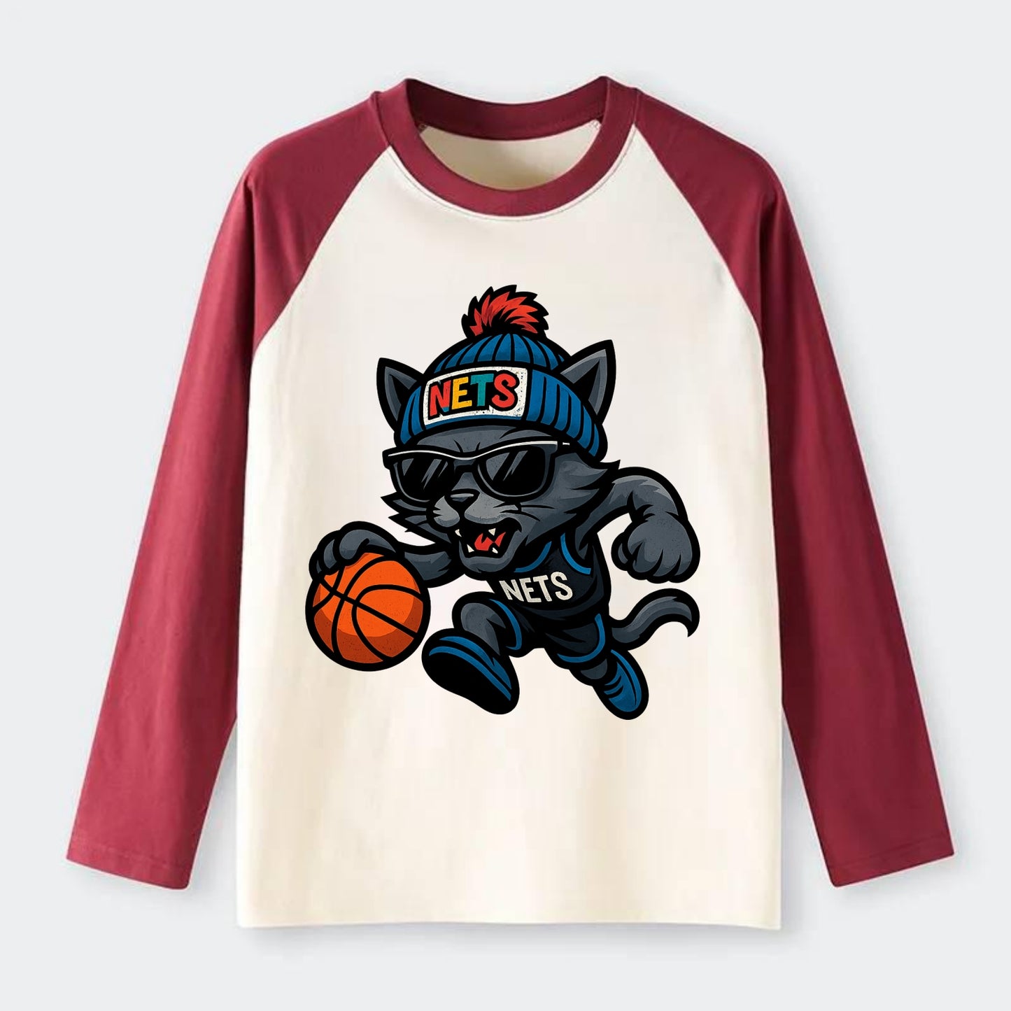 Brooklyn Cat wearing Nets beanie with street art patch and wayfarer - Raglan Long Sleeve T-Shirt - Red