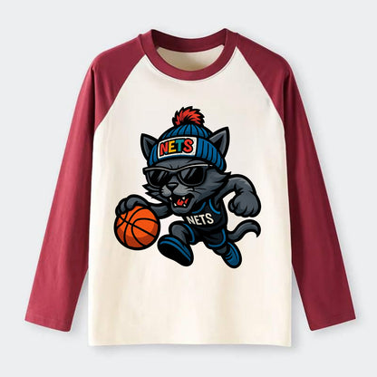 Brooklyn Cat wearing Nets beanie with street art patch and wayfarer - Raglan Long Sleeve T-Shirt - Red
