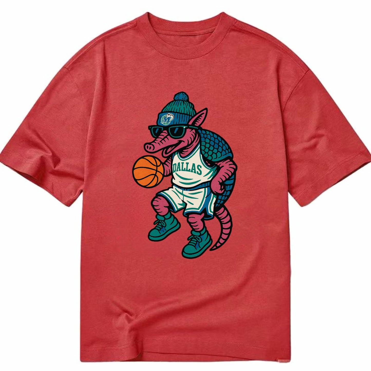 Dallas Armadillo wearing Mavericks beanie with cowboy hat patch and wayfarer - Classic T-shirt - Red