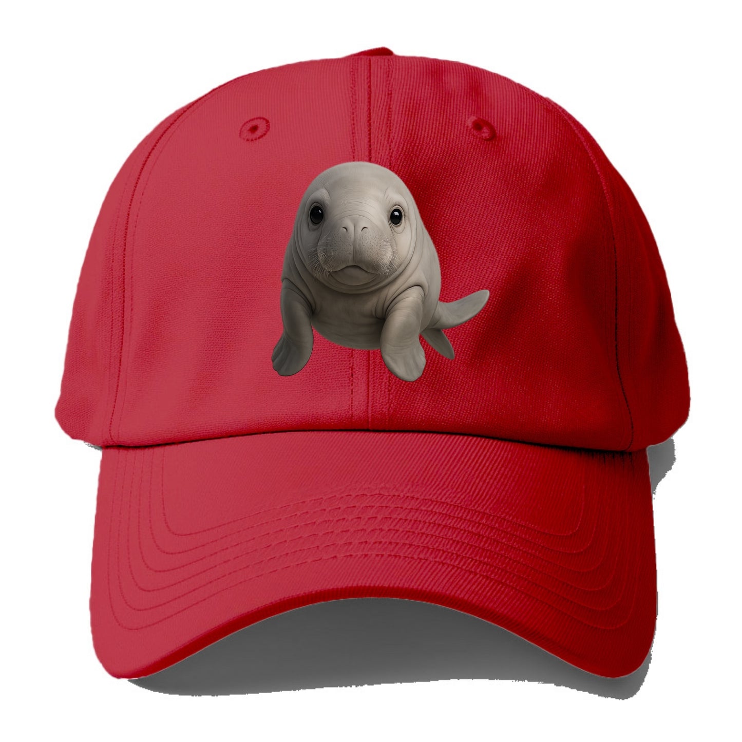 Baby Dugong - gray with paddle tail, gentle expression, whiskers, front-facing, sweet - Baseball Cap - Red