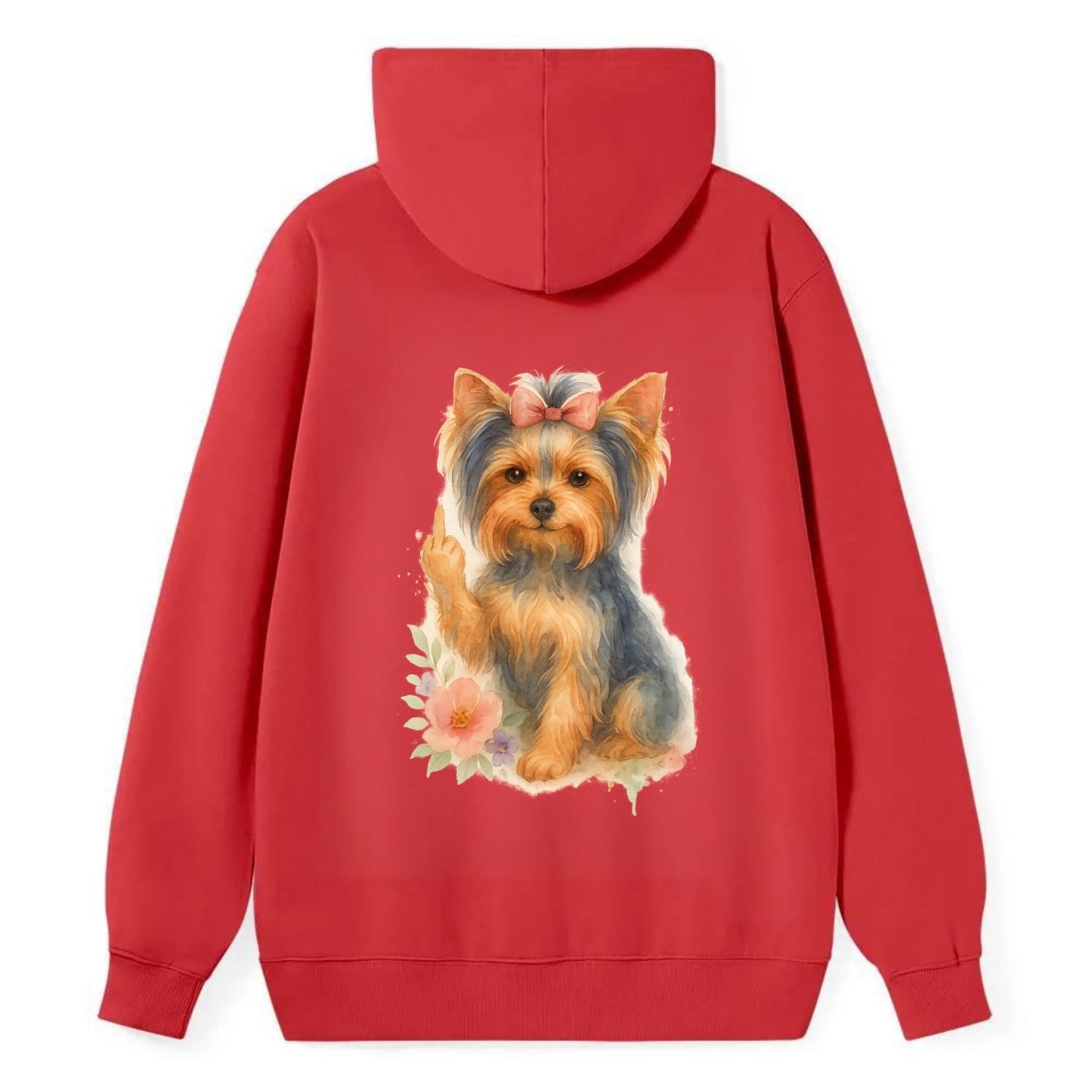 Yorkshire Terrier with topknot bow, one delicate paw flipping off - Classic Pullover Hoodie - Red