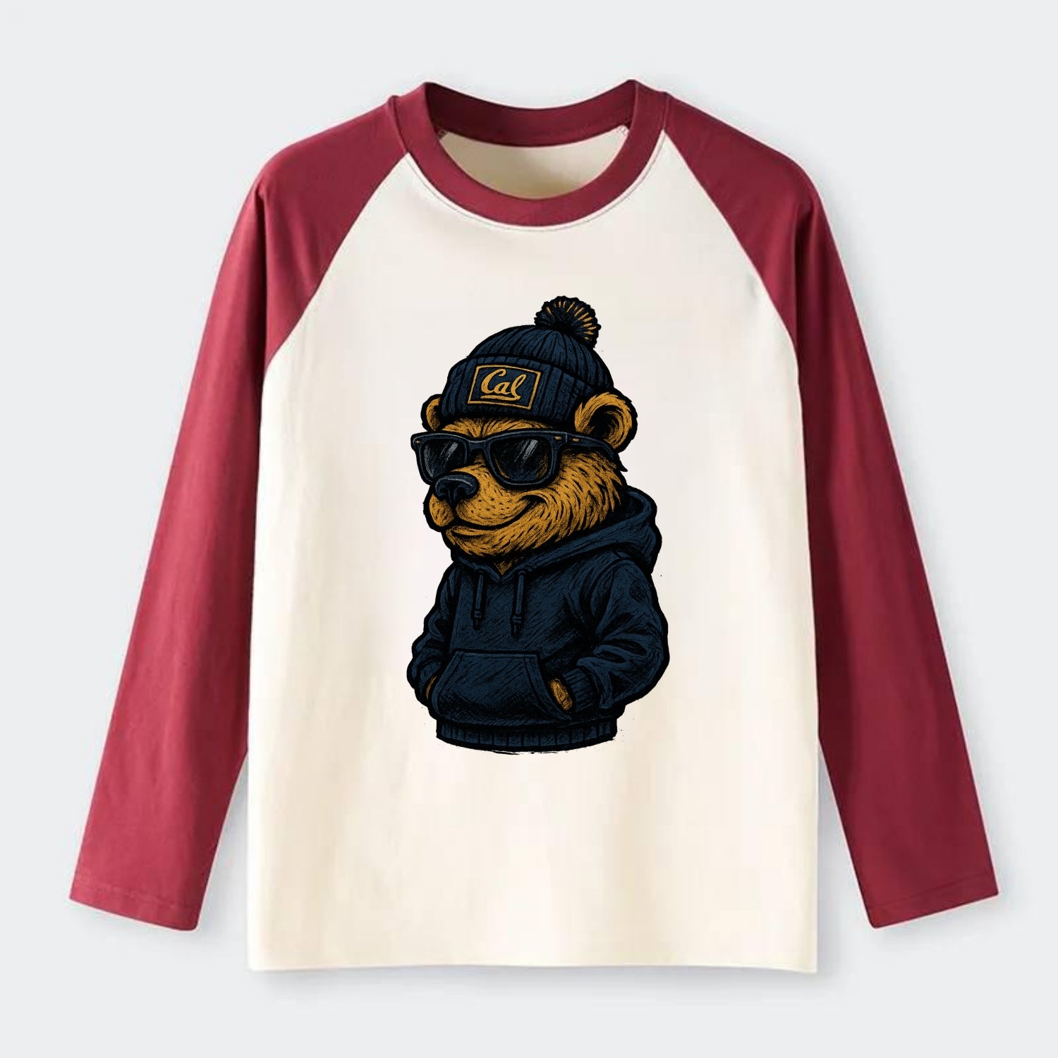 Berkeley Bear wearing Cal beanie with script patch - Raglan Long Sleeve T-Shirt - Red