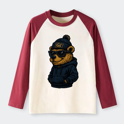 Berkeley Bear wearing Cal beanie with script patch - Raglan Long Sleeve T-Shirt - Red