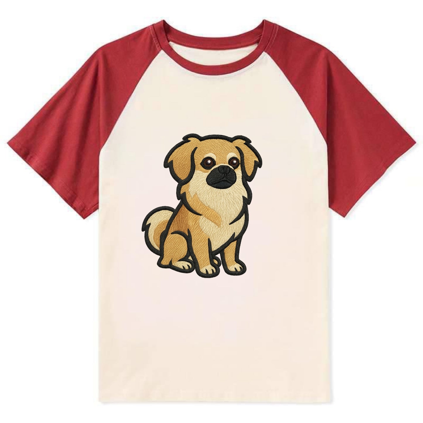 Tibetan Spaniel - Fawn small dog embroidered design - Contrast Raglan T-shirt - Red