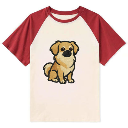 Tibetan Spaniel - Fawn small dog embroidered design - Contrast Raglan T-shirt - Red