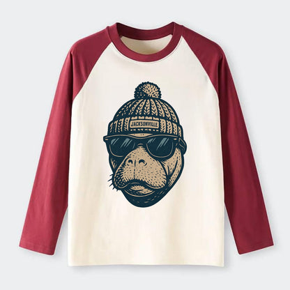 Jacksonville Manatee wearing Jacksonville beanie with pom pom and - Raglan Long Sleeve T-Shirt - Red