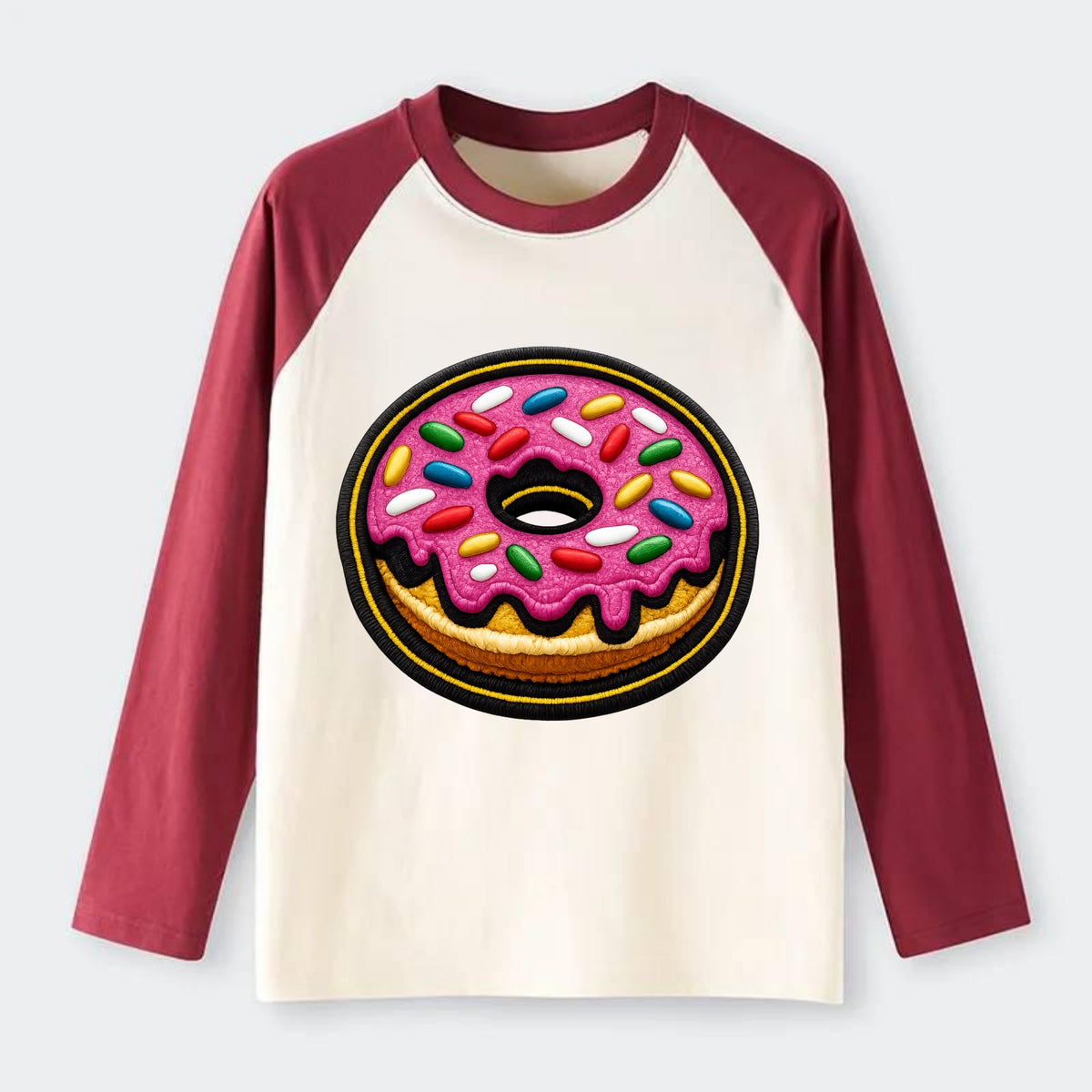 DONUT SPRINKLES - glazed donut with sprinkles in pink and rainbow , - Raglan Long Sleeve T-Shirt - Red