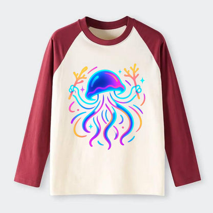 Jellyfish conducting a glow orchestra using coral batons in deep ocean - Raglan Long Sleeve T-Shirt - Red