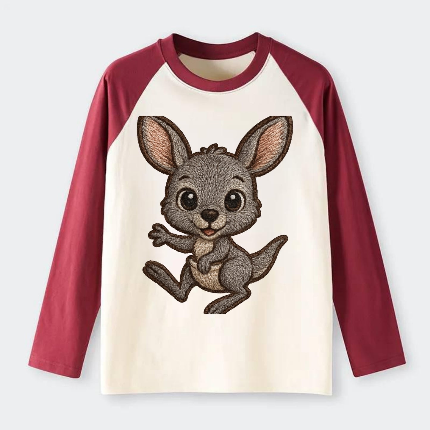 Baby Kangaroo Joey - gray fur, large ears, in pouch peek, bright eyes, - Raglan Long Sleeve T-Shirt - Red