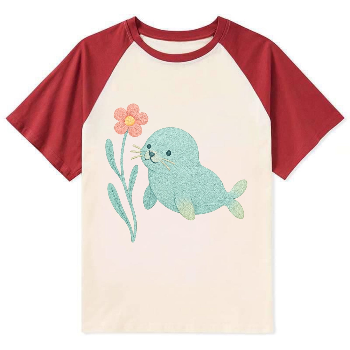Mint Seal Pup - Contrast Raglan T-shirt - Red