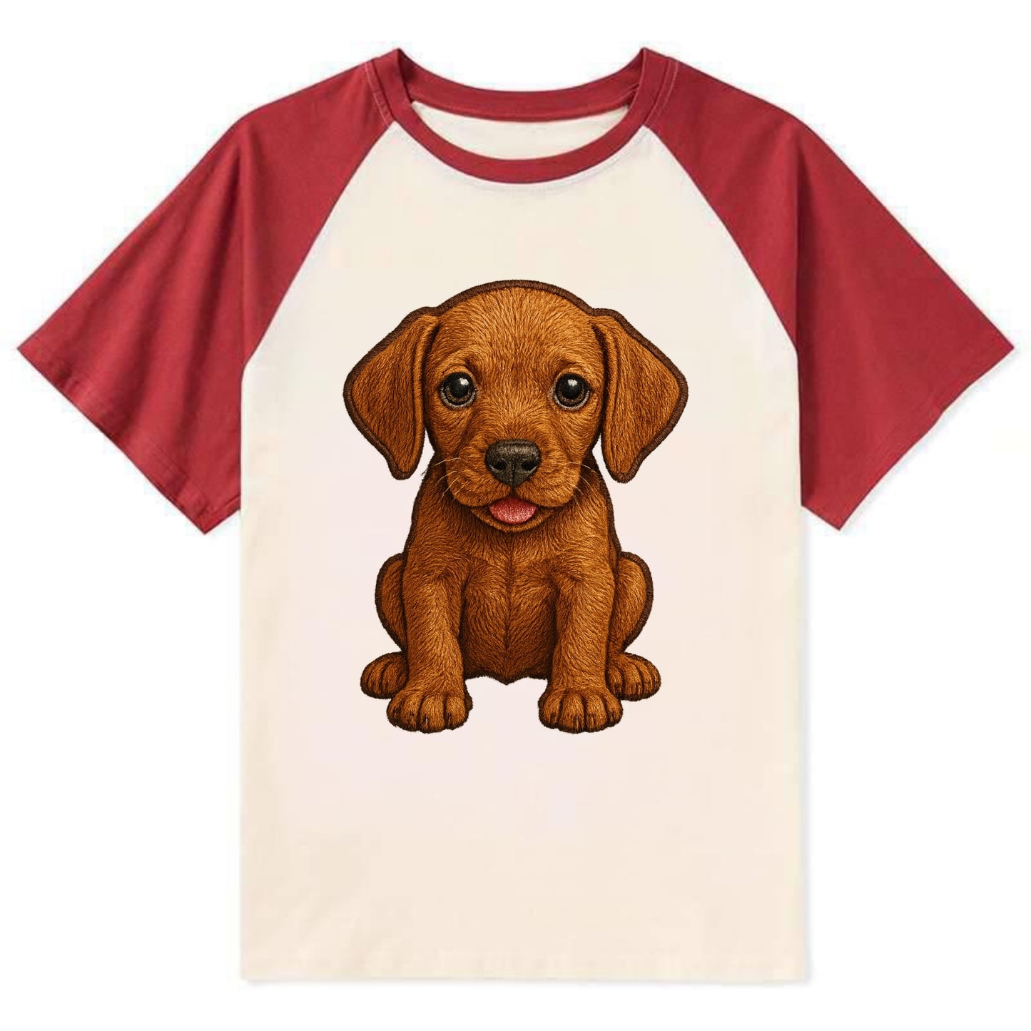 Baby Vizsla Puppy - golden rust coat, soulful eyes, athletic build, - Contrast Raglan T-shirt - Red