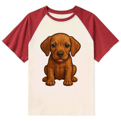 Baby Vizsla Puppy - golden rust coat, soulful eyes, athletic build, - Contrast Raglan T-shirt - Red