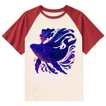 Majestic whale with body composed of galaxy clusters, stellar fins - Contrast Raglan T-shirt - Red